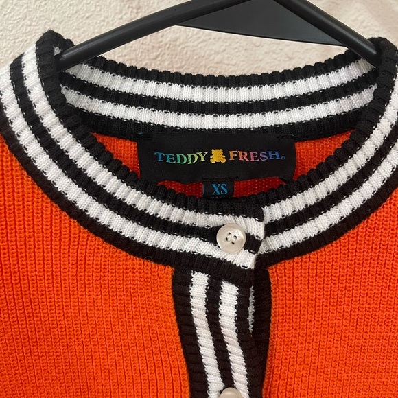 Teddy Fresh Orange Button Up Bear Cardigan with Striped Trim - Picture 3 of 6